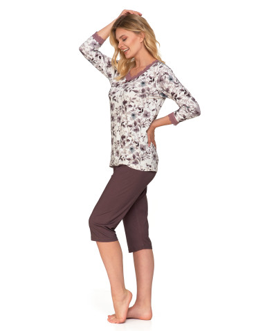 Długi rękaw - Damska piżama Plus Size z kwiatowym wzorem i koronką BEŻOWY - produkt 5