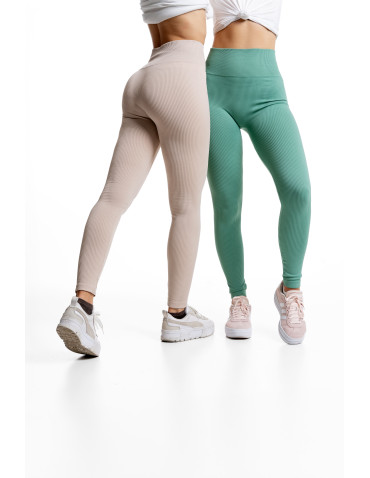 Legginsy - Legginsy damskie z wysokim stanem prążkowane sportowe BEŻOWY - produkt 7