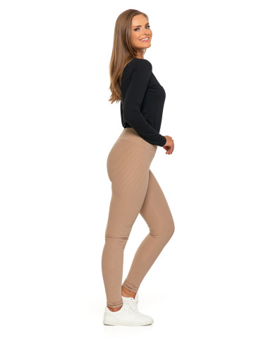 Legginsy - Damskie legginsy z wysokim stanem i prążkowaną strukturą BEŻOWY - produkt 2