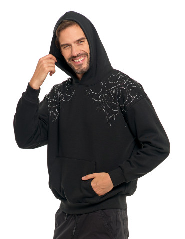 Bluzy - Bluza unisex z kapturem i cyrkoniami ocieplana CZARNY - produkt 7