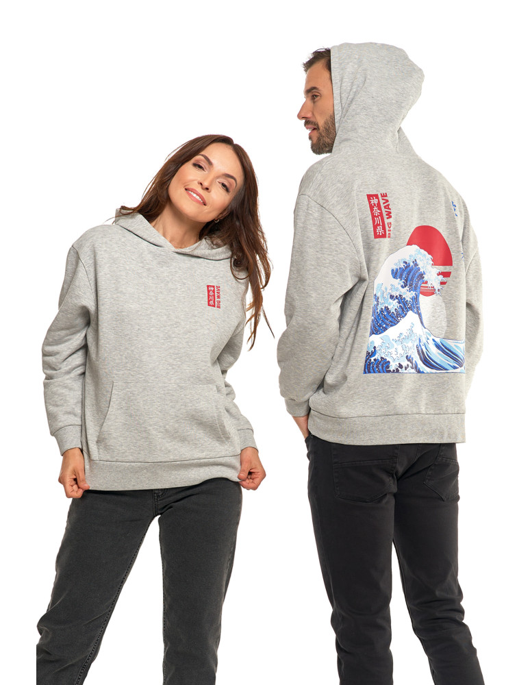 Bluzy - Bluza unisex z kapturem z japońskim motywem fali SZARY - produkt moraj.pl 1