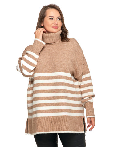 Swetry - Sweter damski w paski z golfem o luźnym kroju BEŻOWY - produkt 1