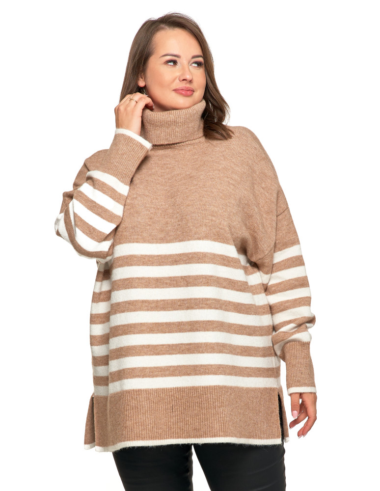 Swetry - Sweter damski w paski z golfem o luźnym kroju BEŻOWY - produkt moraj.pl 1