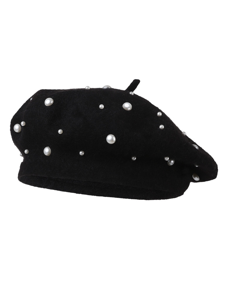Czapki - Elegancki beret damski z dodatkiem wełny i perłami CZARNY - produkt moraj.pl 1