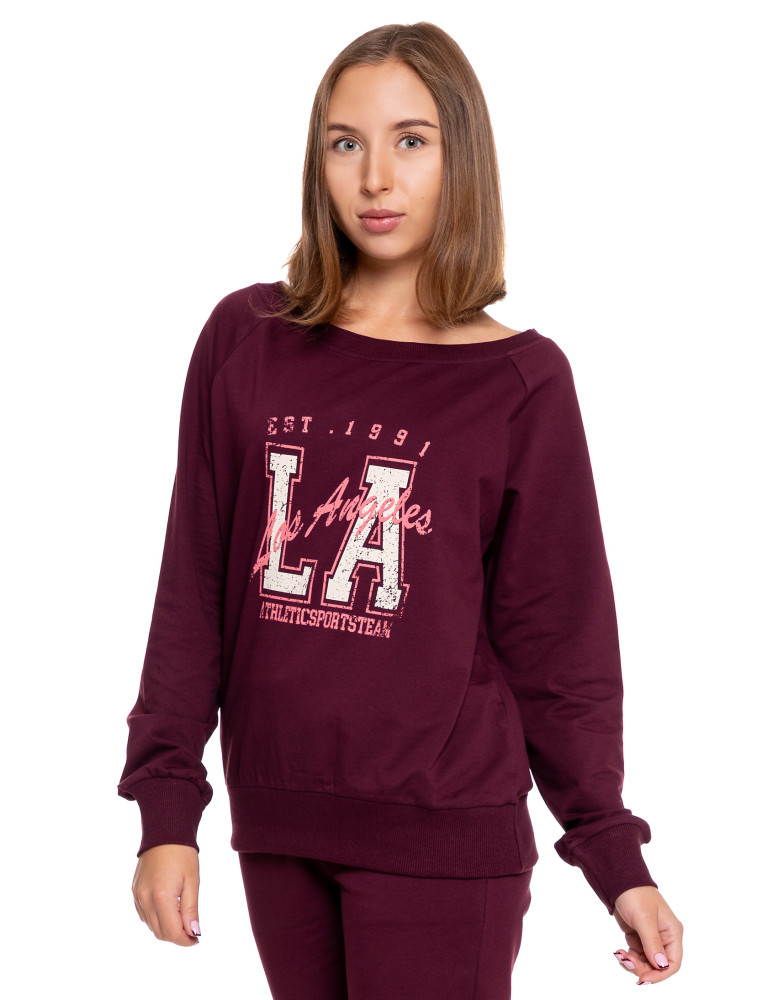 Bluzy - Bluza damska dresowa o klasycznym kroju z nadrukiem BORDOWY - produkt moraj.pl 4
