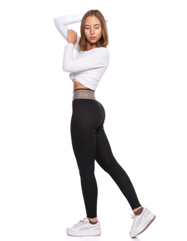 Legginsy - Legginsy damskie ocieplane w prążek wysoki stan CZARNY - produkt 6