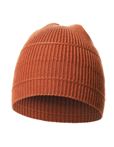 Czapki - Czapka damska beanie w prążek z domieszką wełny BRĄZOWY - produkt 1
