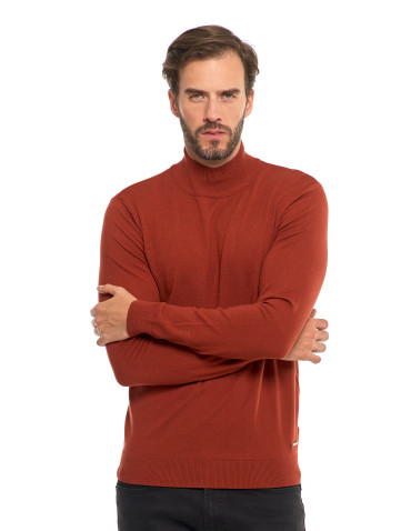 Swetry - Męski sweter klasyczny z golfem BEŻOWY - produkt 3