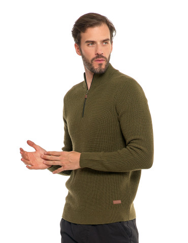 Swetry - Sweter męski klasyczny zapinany ze stójką KHAKI - produkt 6