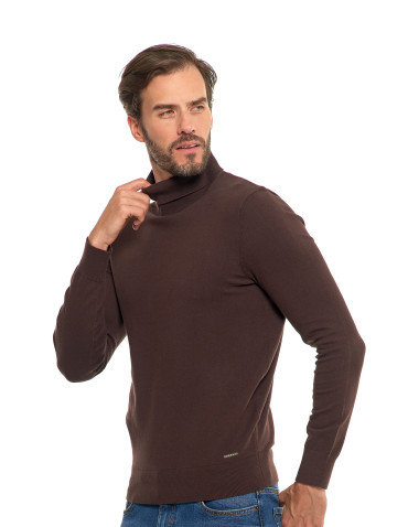 Swetry - Męski sweter klasyczny z golfem bawełniany BRĄZOWY - produkt 5