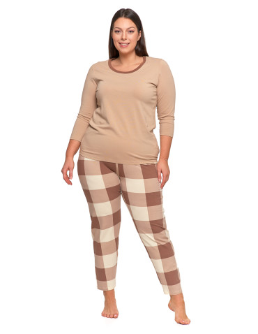 Długi rękaw - Piżama damska Plus Size z rękawem 3/4 i prostymi spodniami BEŻOWY - produkt 1