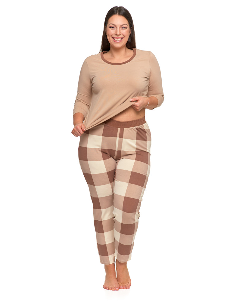 Długi rękaw - Piżama damska Plus Size z rękawem 3/4 i prostymi spodniami BEŻOWY - produkt moraj.pl 2