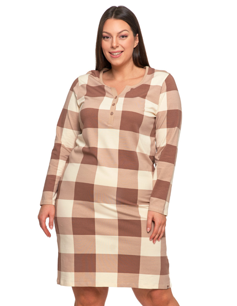 Koszule nocne - Koszula nocna bawełniana Plus Size rozpinana długi rękaw BEŻOWY - produkt moraj.pl 1