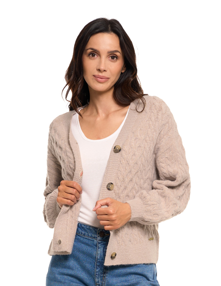 Swetry - Kardigan damski sweter z plecionym wzorem i guzikami BEŻOWY - produkt moraj.pl 1