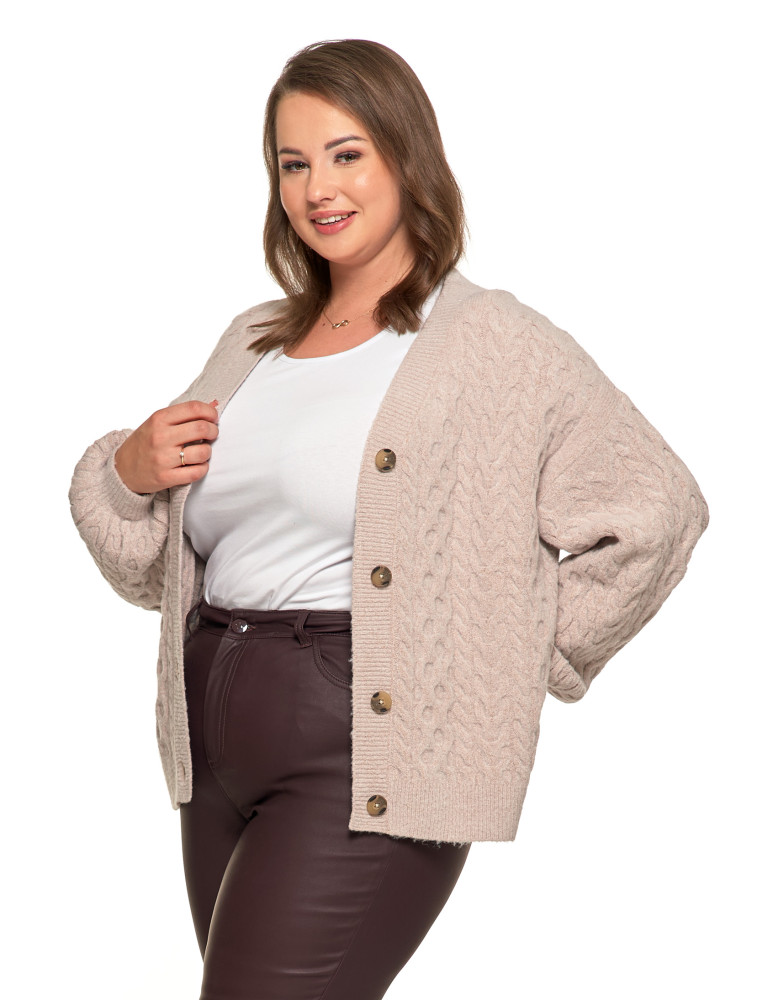 Swetry - Kardigan damski sweter z plecionym wzorem i guzikami BEŻOWY - produkt moraj.pl 6