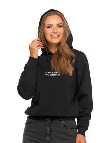 Bluzy - Ocieplana bluza dresowa damska z napisem CZARNY - produkt 6