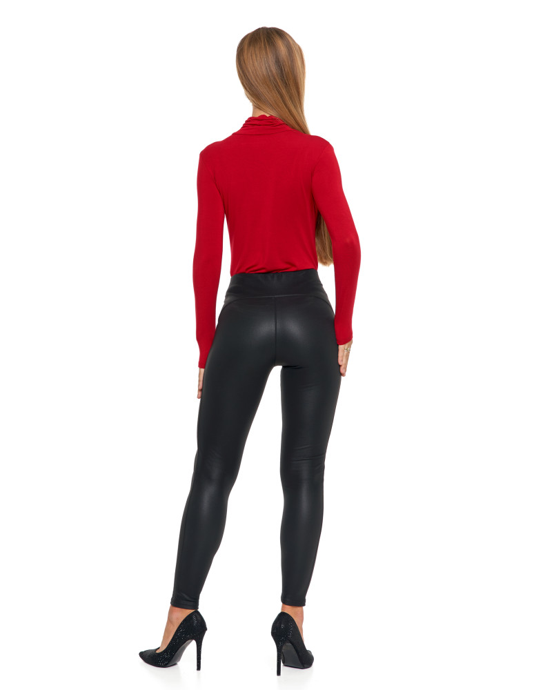 Legginsy - Legginsy damskie z wysokim stanem imitujące skórę CZARNY - produkt moraj.pl 2