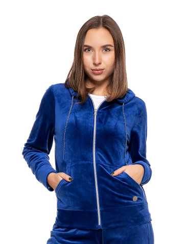 Bluzy - Welurowa bluza damska rozpinana z kapturem NIEBIESKI - produkt 1