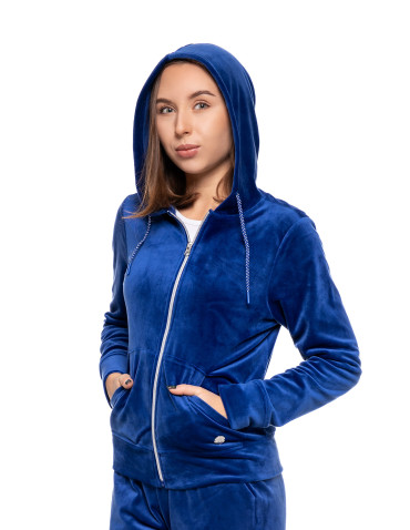 Bluzy - Welurowa bluza damska rozpinana z kapturem NIEBIESKI - produkt 6