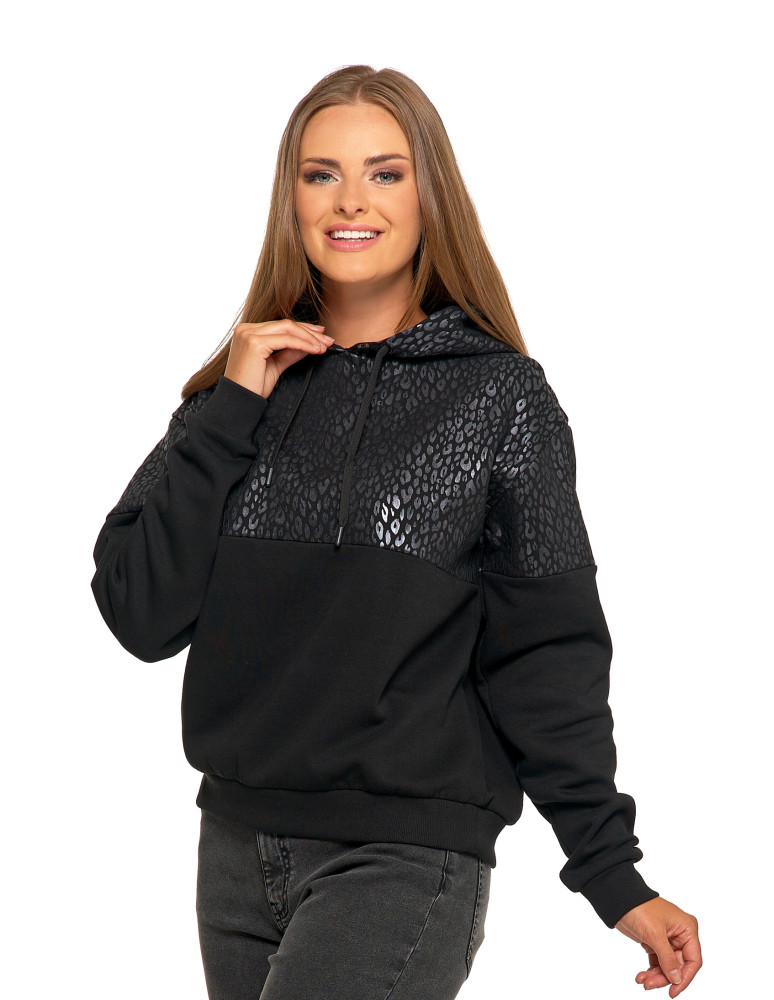 Bluzy - Damska bluza z kapturem ocieplana z motywem graficznym CZARNY - produkt moraj.pl 5