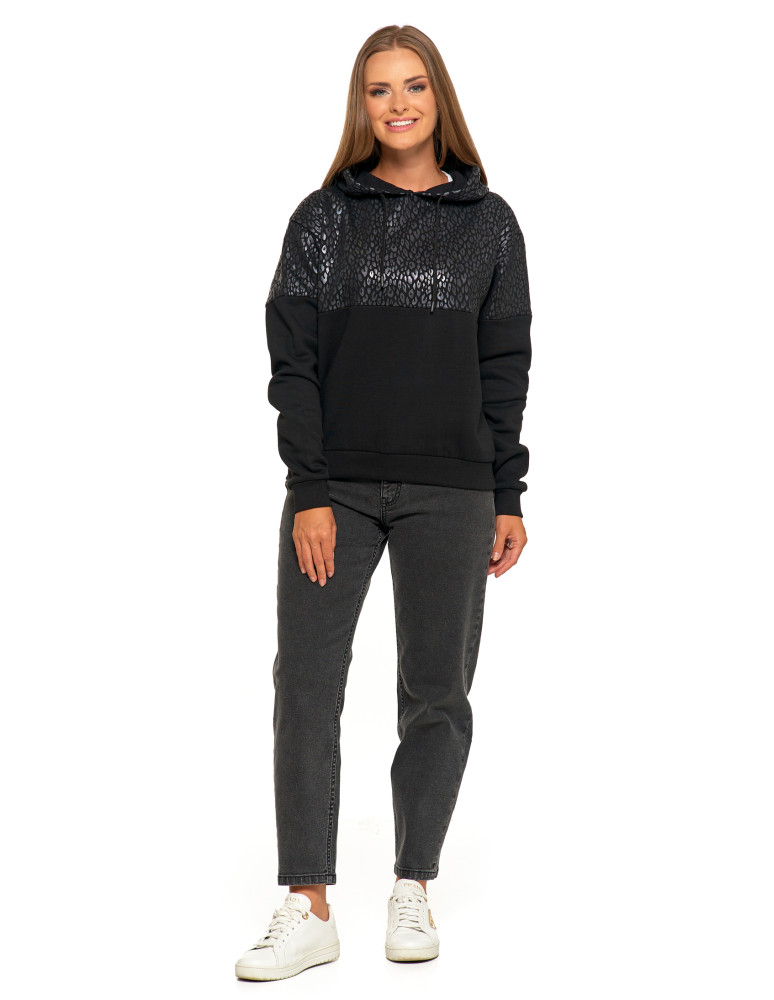 Bluzy - Damska bluza z kapturem ocieplana z motywem graficznym CZARNY - produkt moraj.pl 8