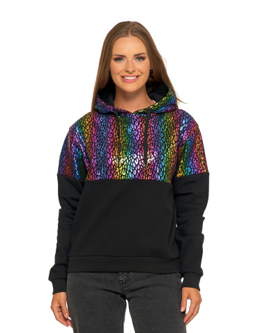 Bluzy - Damska bluza z kapturem ocieplana z motywem graficznym WIELOKOLOROWY - produkt 1