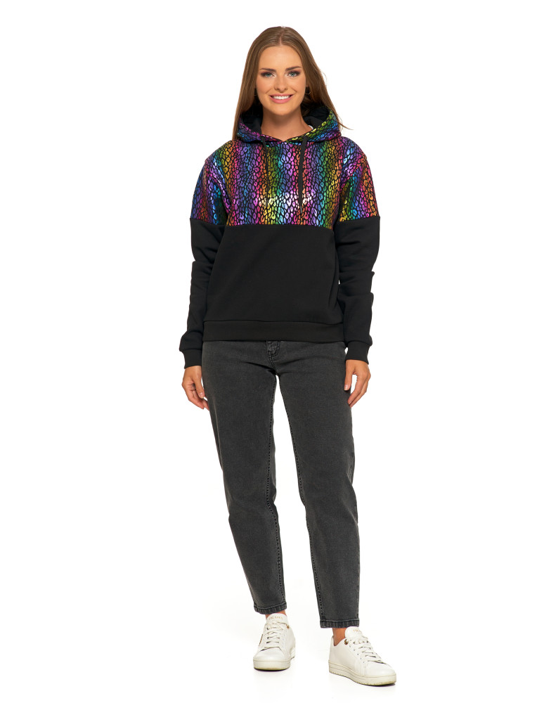 Bluzy - Damska bluza z kapturem ocieplana z motywem graficznym WIELOKOLOROWY - produkt moraj.pl 12