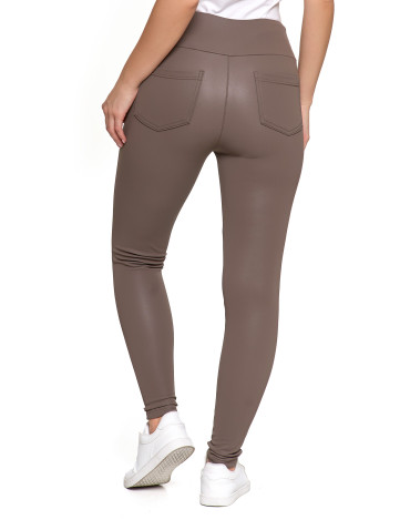 Legginsy - Damskie legginsy z wysokim stanem w stylu skórzanym BEŻOWY - produkt 5