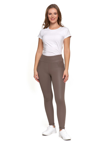 Legginsy - Damskie legginsy z wysokim stanem w stylu skórzanym BEŻOWY - produkt 7