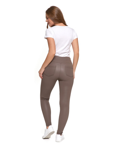 Legginsy - Damskie legginsy z wysokim stanem w stylu skórzanym BEŻOWY - produkt 9