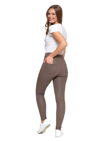 Legginsy - Damskie legginsy z wysokim stanem w stylu skórzanym BEŻOWY - produkt 10