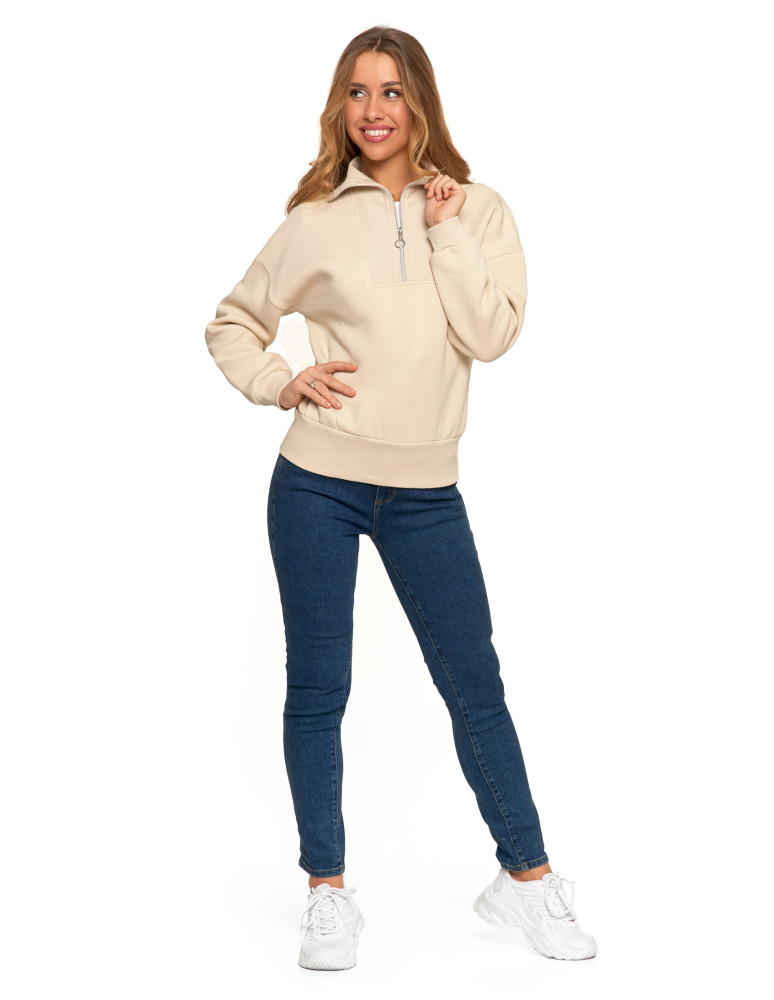 Bluzy - Damska bluza dresowa ze stójką i zamkiem ocieplana BEŻOWY - produkt moraj.pl 4