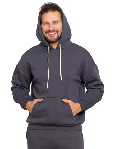 Bluzy - Męska bluza dresowana oversize z kapturem ocieplana GRAFIT - produkt 1
